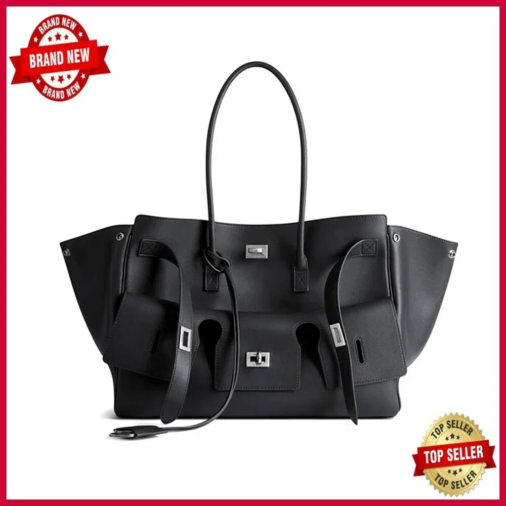 Vegan Leather Tote Bag with Multiple Pockets Push-Lock Closure